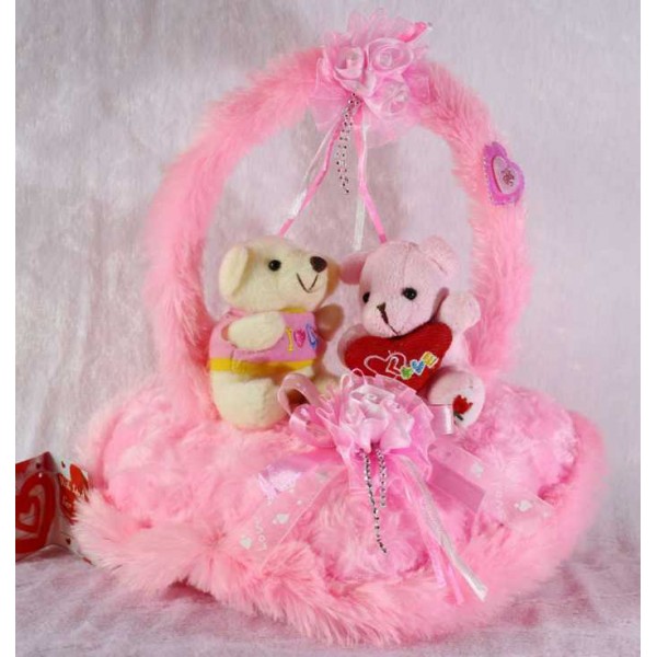 Pink Handle Heart with Love Couple Teddy Bears